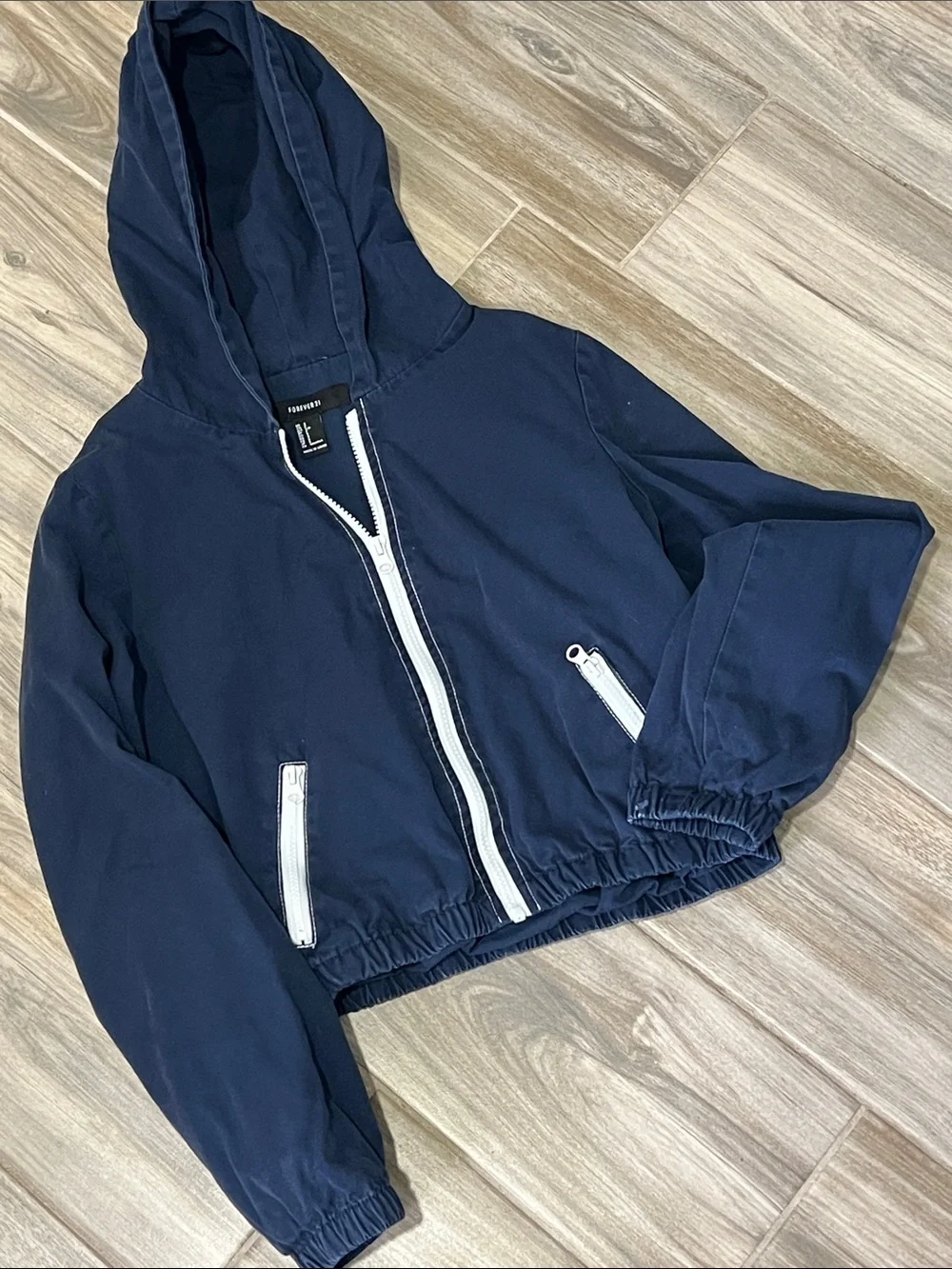 Forever 21 Navy Hooded lightweight jacket with White Zippers